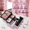 imageFRENESSA Makeup Case Organizer Cosmetic Box Storage Portable Makeup Train Case with Mirror 2 Trays Travel Vanity Box for Cosmetics Nail Kits Craft Tools Case Aluminum Hard Make Up Organizer BlackShiny Pink