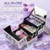imageFRENESSA Makeup Train Case Makeup Box Organizer Portable Cosmetic Travel Case Makeup Case with Mirror Locking Make Up Cases Organizers and Storage for Nail Supplies Hard Cosmetic Box Shiny PinkPurple