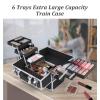 imageFRENESSA Makeup Train Case Makeup Case 118 Inch Large Cosmetic Box Organizer Travel Storage Professional Make Up Train Carrying Case with 6 Trays Locking Hard Vanity Storage BlackBlack