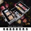 imageFRENESSA Makeup Train Case Makeup Organizer Box Portable Cosmetic Travel Case with Lock 4 Trays Aluminum Hard Vanity Box Make Up Artist Nail Beauty Storage Organizer Cosmetic Suitcase Bright SilverNatural Floral Black