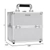 imageFRENESSA Makeup Train Case Makeup Organizer Box Portable Cosmetic Travel Case with Lock 4 Trays Aluminum Hard Vanity Box Make Up Artist Nail Beauty Storage Organizer Cosmetic Suitcase Bright SilverMedium Silver