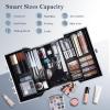 imageFRENESSA Makeup Train Case Makeup Organizer Box Portable Cosmetic Travel Case with Lock 4 Trays Aluminum Hard Vanity Box Make Up Artist Nail Beauty Storage Organizer Cosmetic Suitcase Bright SilverMedium Silver