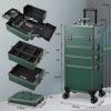 imageFRENESSA Rolling Makeup Train Case Cosmetology Case on Wheels 5 in 1 Makeup Case with Lid Rolling Large Make Up Organizer for Artist Barber Salon Nail Teach Kits Professional Cosmetic Box GreyGreen