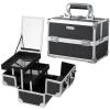 imageFRENESSA Makeup Case Organizer Cosmetic Box Storage Portable Makeup Train Case with Mirror 2 Trays Travel Vanity Box for Cosmetics Nail Kits Craft Tools Case Aluminum Hard Make Up Organizer BlackBlack