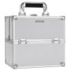 imageFRENESSA Makeup Train Case Makeup Organizer Box Portable Cosmetic Travel Case with Lock 4 Trays Aluminum Hard Vanity Box Make Up Artist Nail Beauty Storage Organizer Cosmetic Suitcase Bright SilverMedium Silver