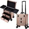 imageFRENESSA Professional Rolling Makeup Case Aluminum Trolley Train Case with 360 Swivel Wheels for Makuep Artist Travel Cosmetic Organizer with Sliding Drawers for Nail Tech Hairstylist Barber BlackRose Gold