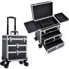 imageFRENESSA Professional Rolling Makeup Case Aluminum Trolley Train Case with 360 Swivel Wheels for Makuep Artist Travel Cosmetic Organizer with Sliding Drawers for Nail Tech Hairstylist Barber BlackBlack