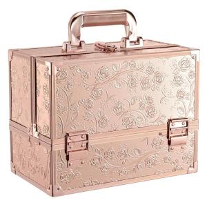 imageFRENESSA Makeup Case 118 Inch Makeup Organizer Case Large Cosmetic Box with Mirror Portable 3 Trays Travel Storage Box for Make Up Nail Tech Kits Cosmetology Case 3D Rose Gold Floral3D Rose Gold Floral