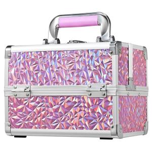 imageFRENESSA Makeup Case Organizer Cosmetic Box Storage Portable Makeup Train Case with Mirror 2 Trays Travel Vanity Box for Cosmetics Nail Kits Craft Tools Case Aluminum Hard Make Up Organizer BlackShiny Pink