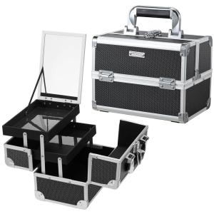 imageFRENESSA Makeup Case Organizer Cosmetic Box Storage Portable Makeup Train Case with Mirror 2 Trays Travel Vanity Box for Cosmetics Nail Kits Craft Tools Case Aluminum Hard Make Up Organizer BlackBlack