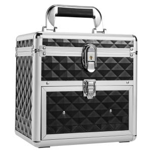 imageFRENESSA Makeup Case Portable Train Case Cosmetic Box Organizer with Drawer Nail Polish Storage with Mirror Lockable Makeup Artist Nail Tech Case for Girls and Women  Black