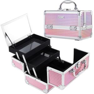 imageFRENESSA Makeup Train Case Makeup Box Organizer Portable Cosmetic Travel Case Makeup Case with Mirror Locking Make Up Cases Organizers and Storage for Nail Supplies Hard Cosmetic Box Shiny PinkPink