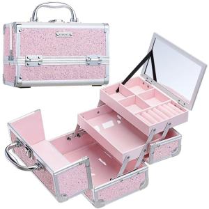 imageFRENESSA Makeup Train Case Makeup Box Organizer Portable Cosmetic Travel Case Makeup Case with Mirror Locking Make Up Cases Organizers and Storage for Nail Supplies Hard Cosmetic Box Shiny PinkShinny Pink