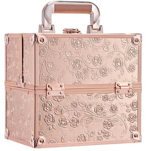 imageFRENESSA Makeup Train Case Makeup Organizer Box Portable Cosmetic Travel Case with Lock 4 Trays Aluminum Hard Vanity Box Make Up Artist Nail Beauty Storage Organizer Cosmetic Suitcase Bright SilverRose Gold Floral