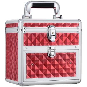 imageFRENESSA Nail Polish Makeup Train Case with Drawer and Dividers Manicure Organizer Accessory Storage Makeup Box With Mirror Lockable Keys Cosmetic Case Jewelry Box  Red