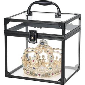 imageFRENESSA Portable Makeup Case Clear Crown Box Cosmetics Display Case Toiletry Organizer Box Transparent Acrylic Artists Train Case Travel Makeup Tools Storage for Vanity Bathroom Counter Dresser CaseBlack