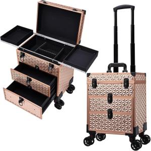 imageFRENESSA Professional Rolling Makeup Case Aluminum Trolley Train Case with 360 Swivel Wheels for Makuep Artist Travel Cosmetic Organizer with Sliding Drawers for Nail Tech Hairstylist Barber BlackRose Gold