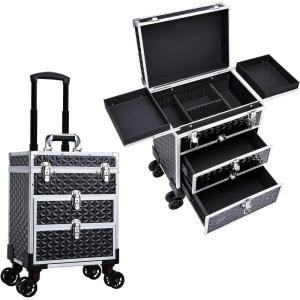 imageFRENESSA Professional Rolling Makeup Case Aluminum Trolley Train Case with 360 Swivel Wheels for Makuep Artist Travel Cosmetic Organizer with Sliding Drawers for Nail Tech Hairstylist Barber BlackBlack