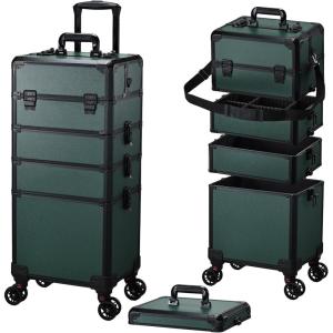 imageFRENESSA Rolling Makeup Train Case Cosmetology Case on Wheels 5 in 1 Makeup Case with Lid Rolling Large Make Up Organizer for Artist Barber Salon Nail Teach Kits Professional Cosmetic Box GreyDark Green