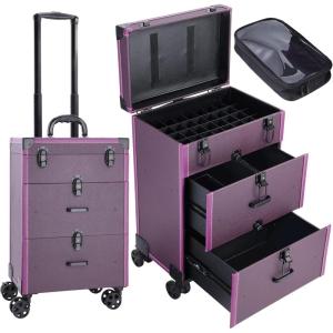 imageFRENESSA Rolling Nail Case Wheeled Manicure Storage Case Polish Organizer Professional Makeup Trolley for Studio or Travelling Nail Technician Artists Cosmetologist Stylist  Vegan LeatherPurple