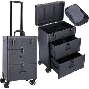 imageFRENESSA Rolling Nail Case Wheeled Manicure Storage Case Polish Organizer Professional Makeup Trolley for Studio or Travelling Nail Technician Artists Cosmetologist Stylist  Vegan LeatherBlack Large