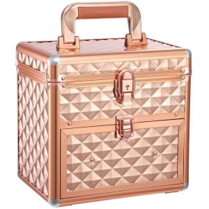 imageFRENESSA Rose Gold Nail Polish Makeup Train Case for Lady with Drawer and Dividers Manicure Organizer Accessory Storage Makeup Box With Mirror Lockable Keys Cosmetic Case Jewelry Box