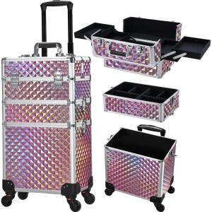 imageFrenessa Rolling Makeup Train Case 3 in 1 Professional Cosmetic Trolley Large Storage with keys Swivel Wheels Salon Barber Case Traveling Cart Trunk for Make Up Nail Tech  Vintage Rose GoldPink