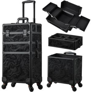 imageFrenessa Rolling Makeup Train Case 3 in 1 Professional Cosmetic Trolley Large Storage with keys Swivel Wheels Salon Barber Case Traveling Cart Trunk for Make Up Nail Tech  Vintage Rose GoldAlpine Black